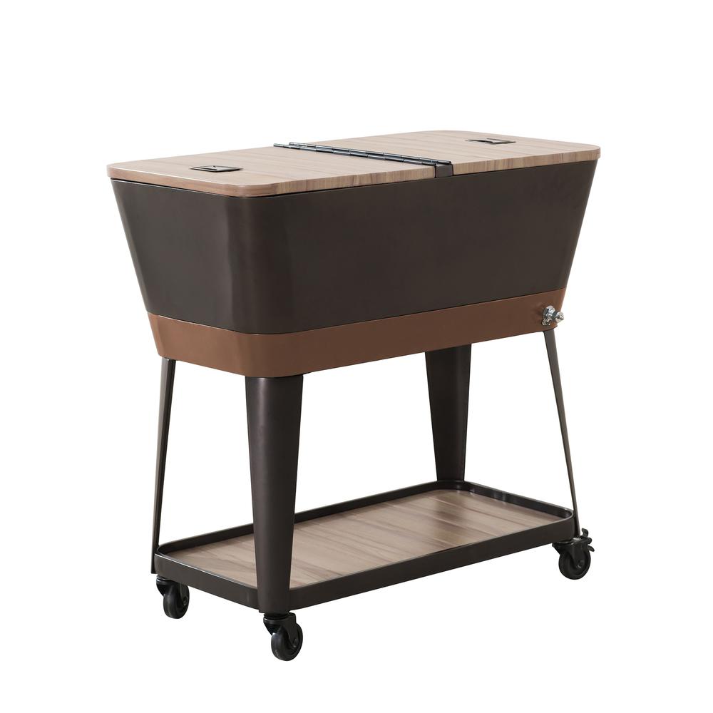 80-Quart Wood Grain Metal Rolling Ice Chest Cooler Cart with Storage Shelf. Picture 1