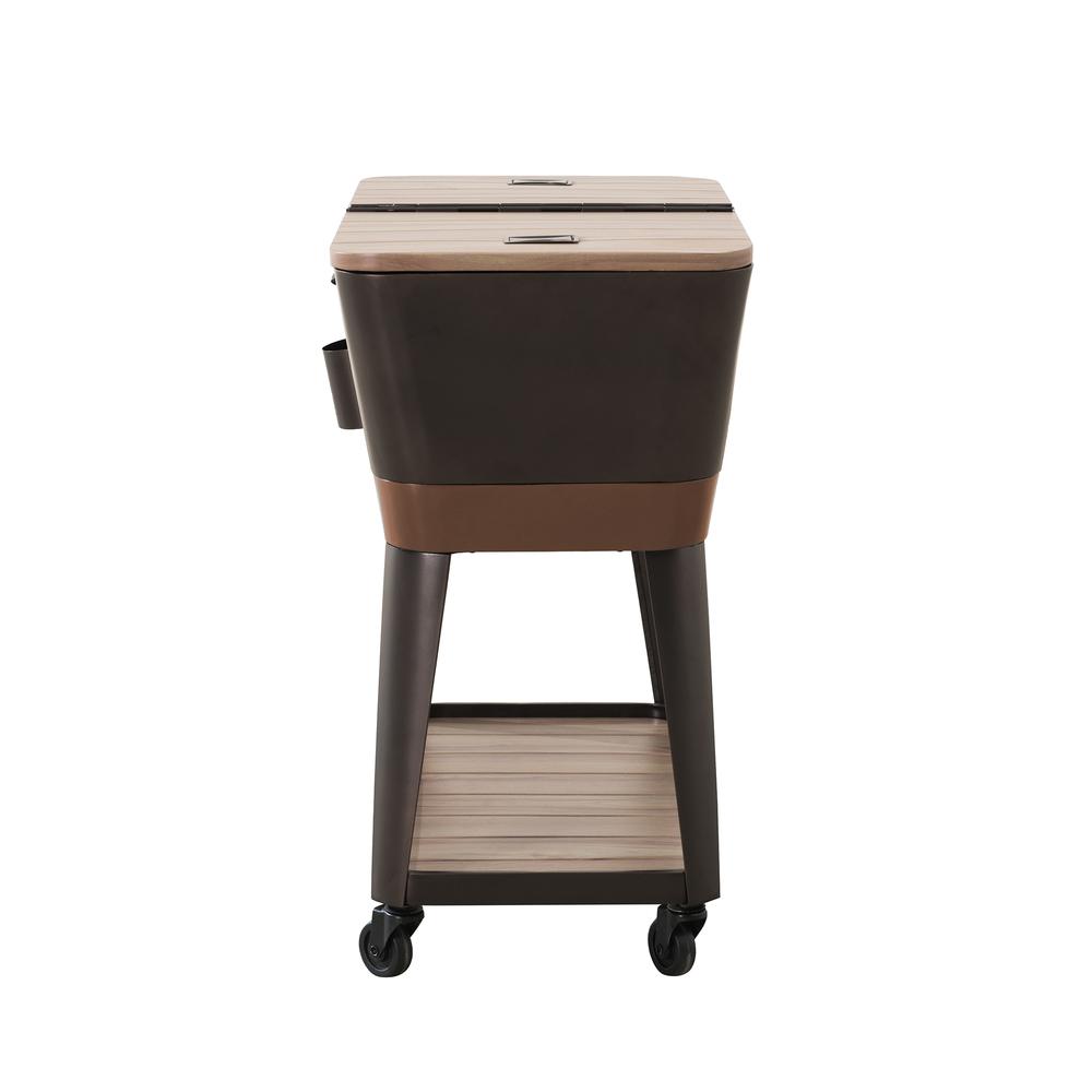 80-Quart Wood Grain Metal Rolling Ice Chest Cooler Cart with Storage Shelf. Picture 14