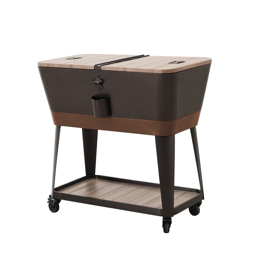 80-Quart Wood Grain Metal Rolling Ice Chest Cooler Cart with Storage Shelf. Picture 15