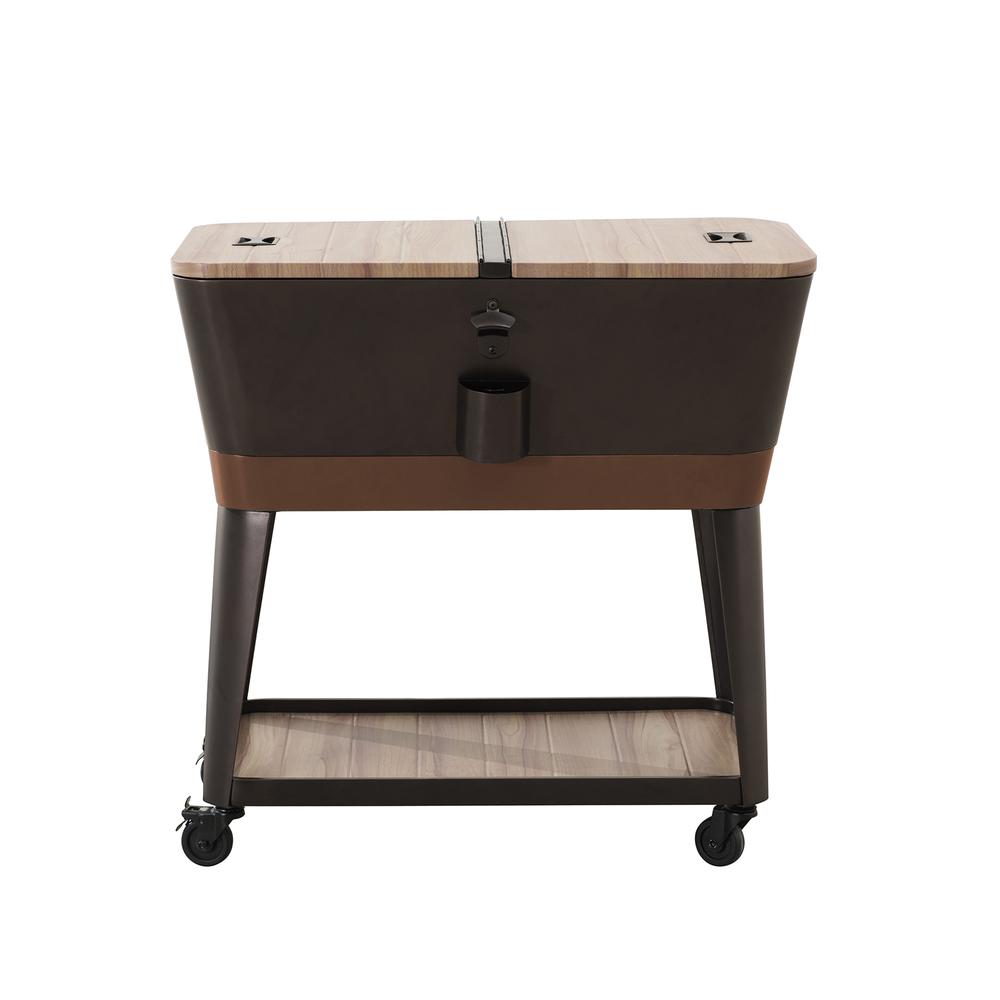 80-Quart Wood Grain Metal Rolling Ice Chest Cooler Cart with Storage Shelf. Picture 16
