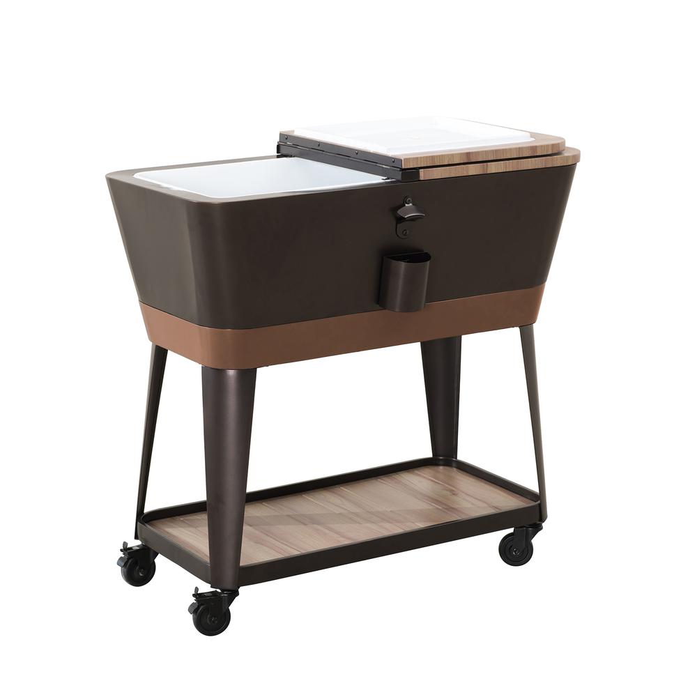 80-Quart Wood Grain Metal Rolling Ice Chest Cooler Cart with Storage Shelf. Picture 18