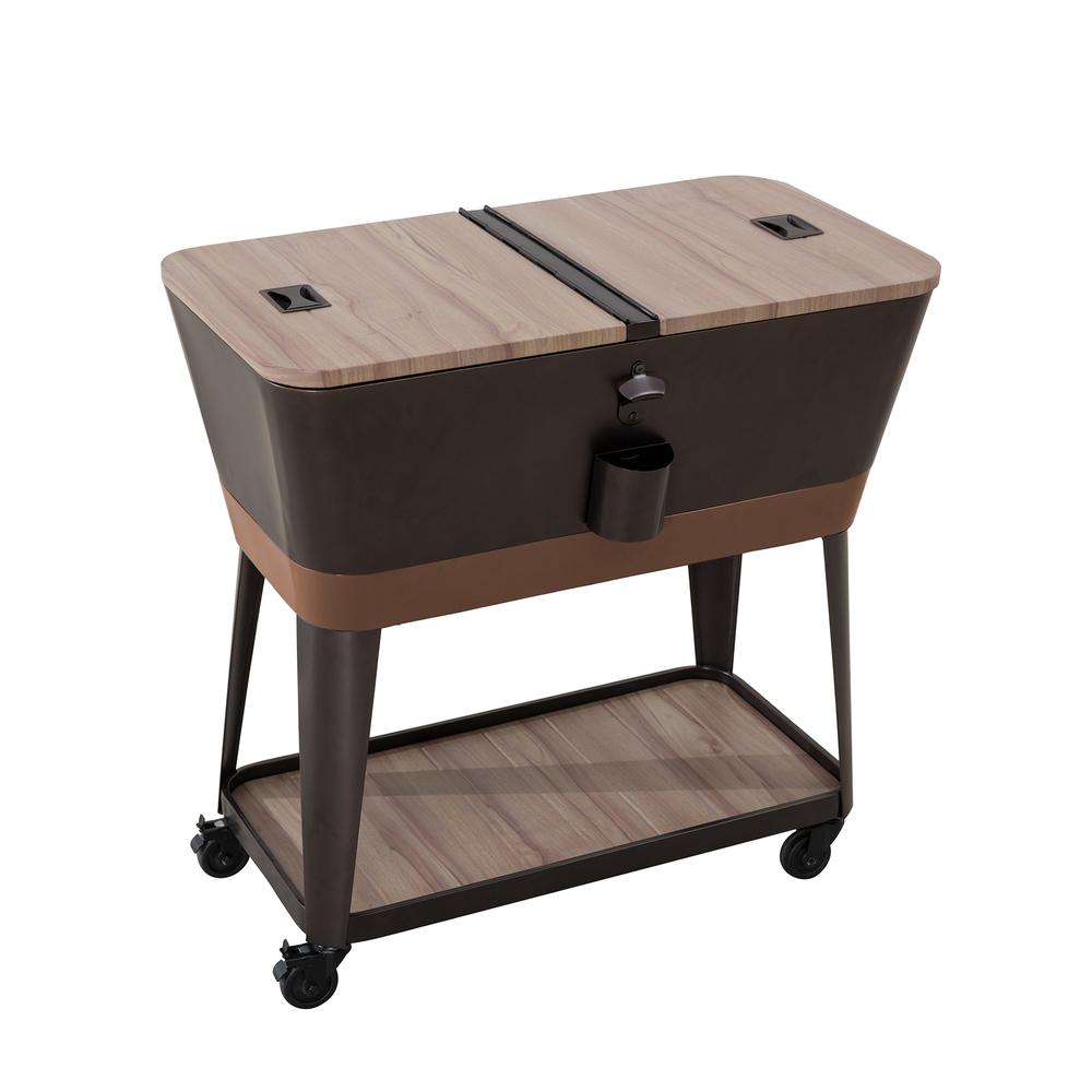 80-Quart Wood Grain Metal Rolling Ice Chest Cooler Cart with Storage Shelf. Picture 19