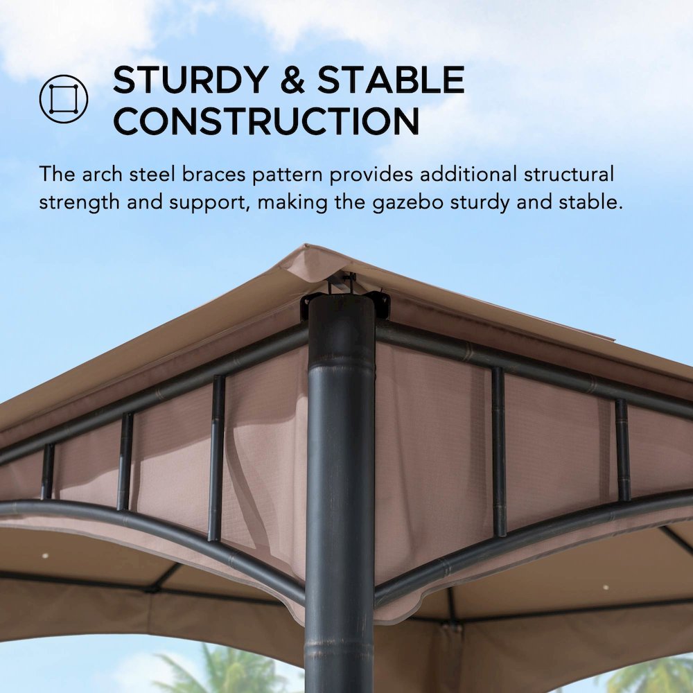 Outdoor Patio Black Bamboo Shape Steel Frame 2-Tier Soft Top Gazebo with Canopy. Picture 4