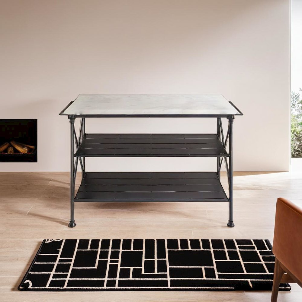 Elegant White Marble Kitchen Island with Sturdy Matte Black Steel Base. Picture 6