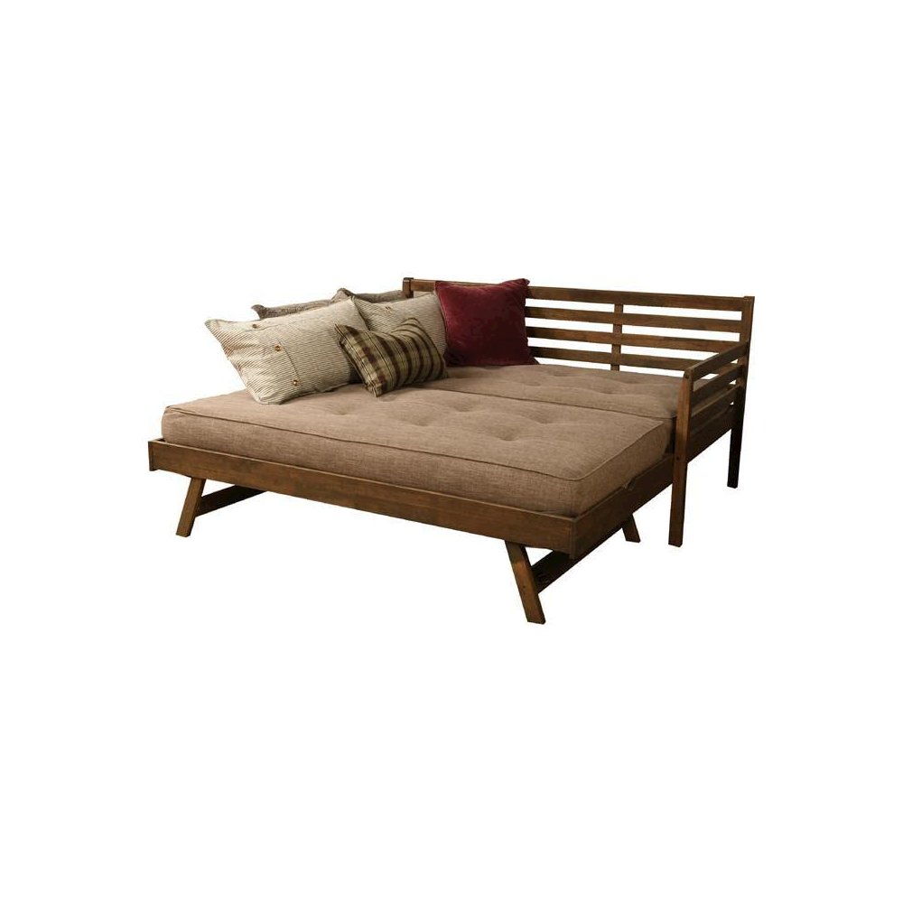 Boho  Daybed-Pop Up-Rustic Walnut Finish Linen Stone Mattresses. Picture 4
