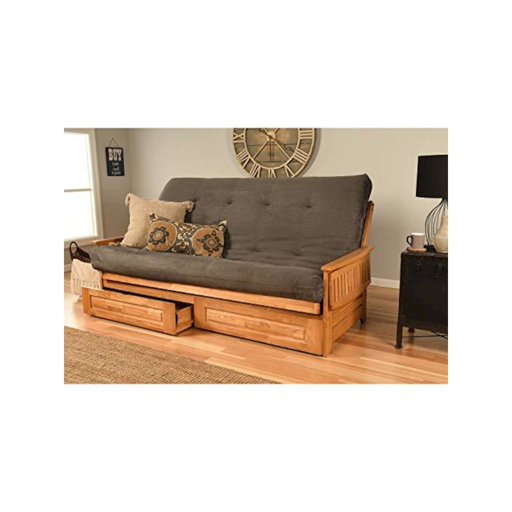 Phoenix Frame Queen-Butternut Finish-Suede Gray Mattress-Storage Drawers. Picture 1