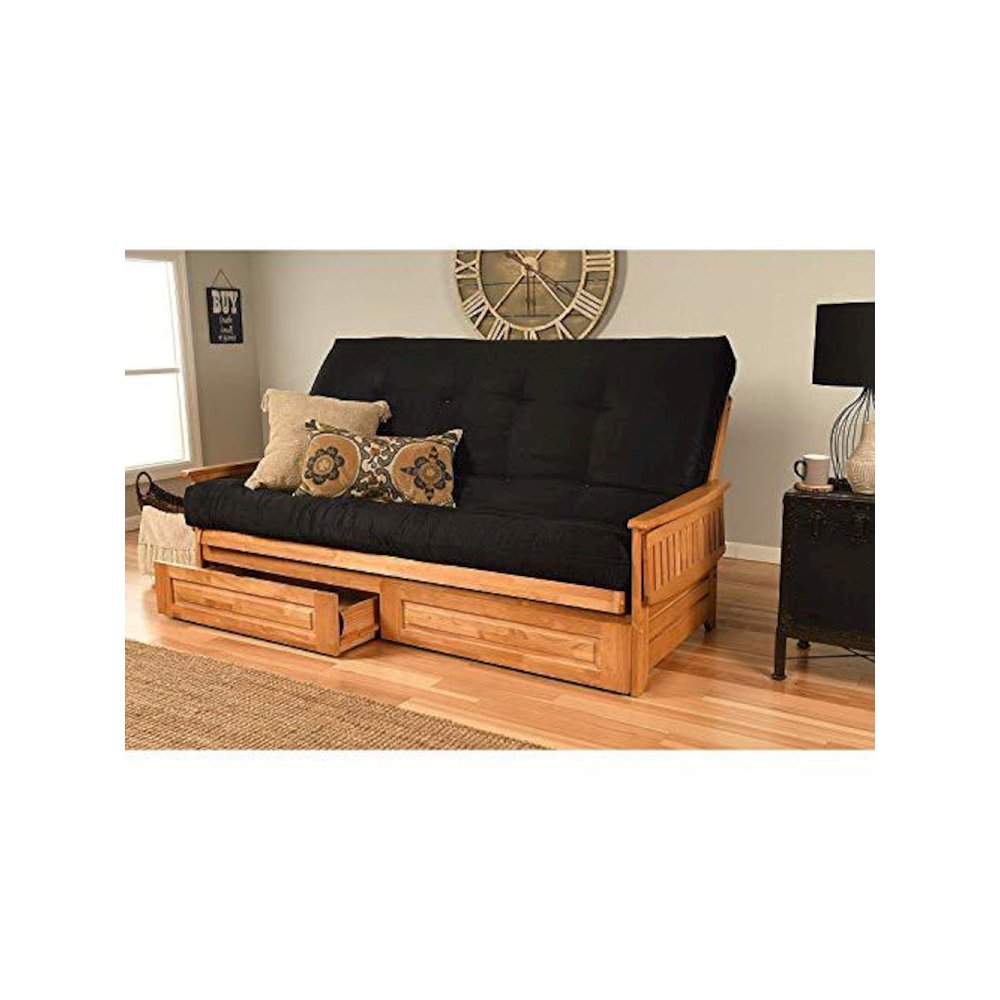 Phoenix Frame Queen-Butternut Finish-Suede Black Mattress-Storage Drawers. Picture 1