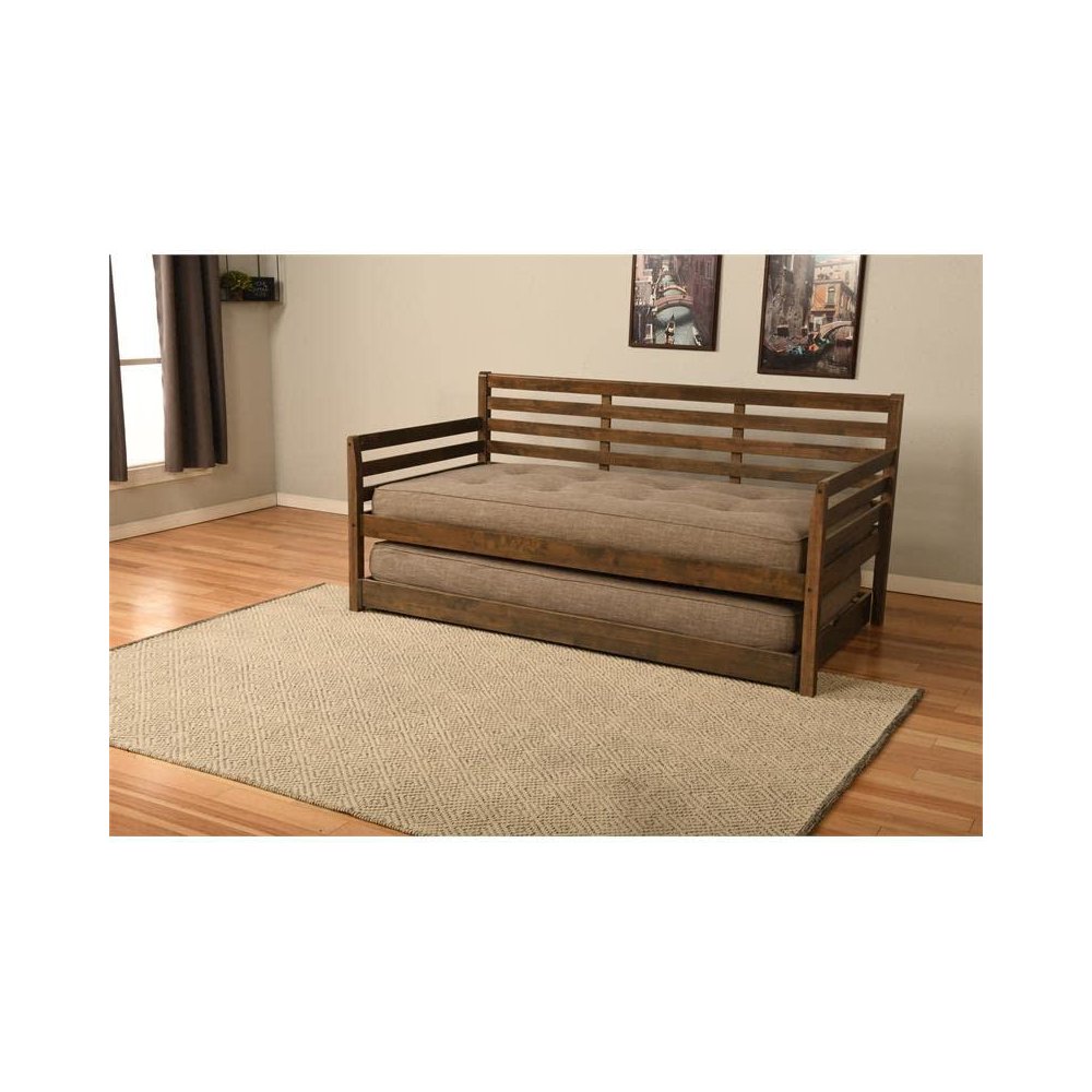 Boho  Daybed-Pop Up-Rustic Walnut Finish Linen Stone Mattresses. Picture 5