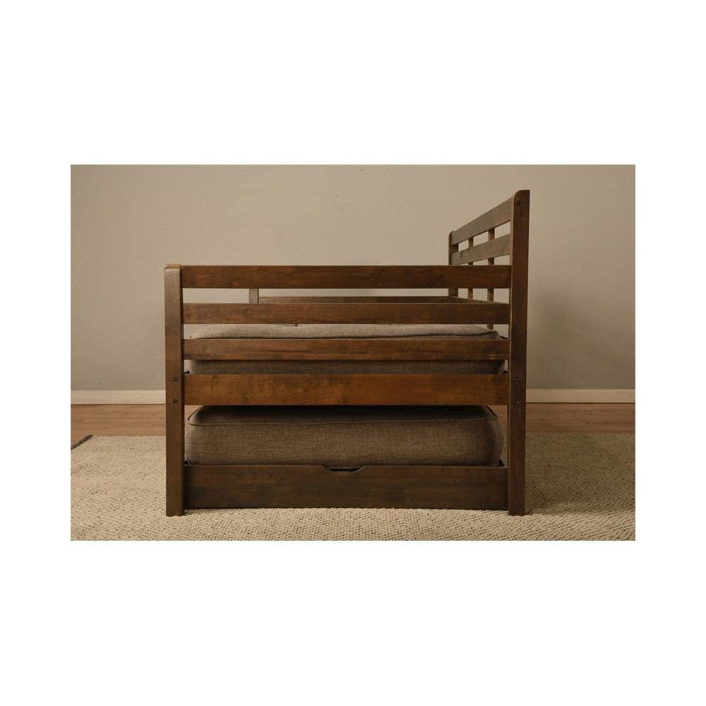 Boho  Daybed-Pop Up-Rustic Walnut Finish Linen Stone Mattresses. Picture 6