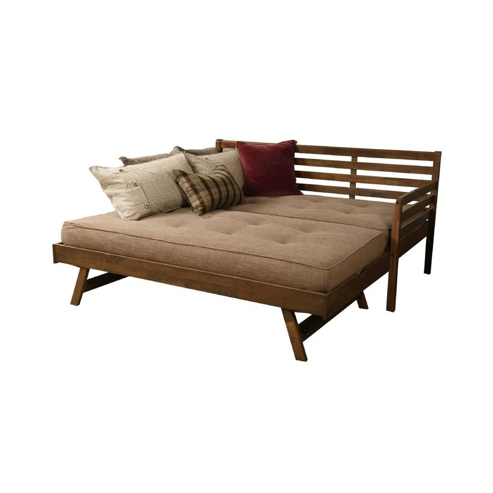 Boho  Daybed-Pop Up-Rustic Walnut Finish Linen Stone Mattresses. Picture 1
