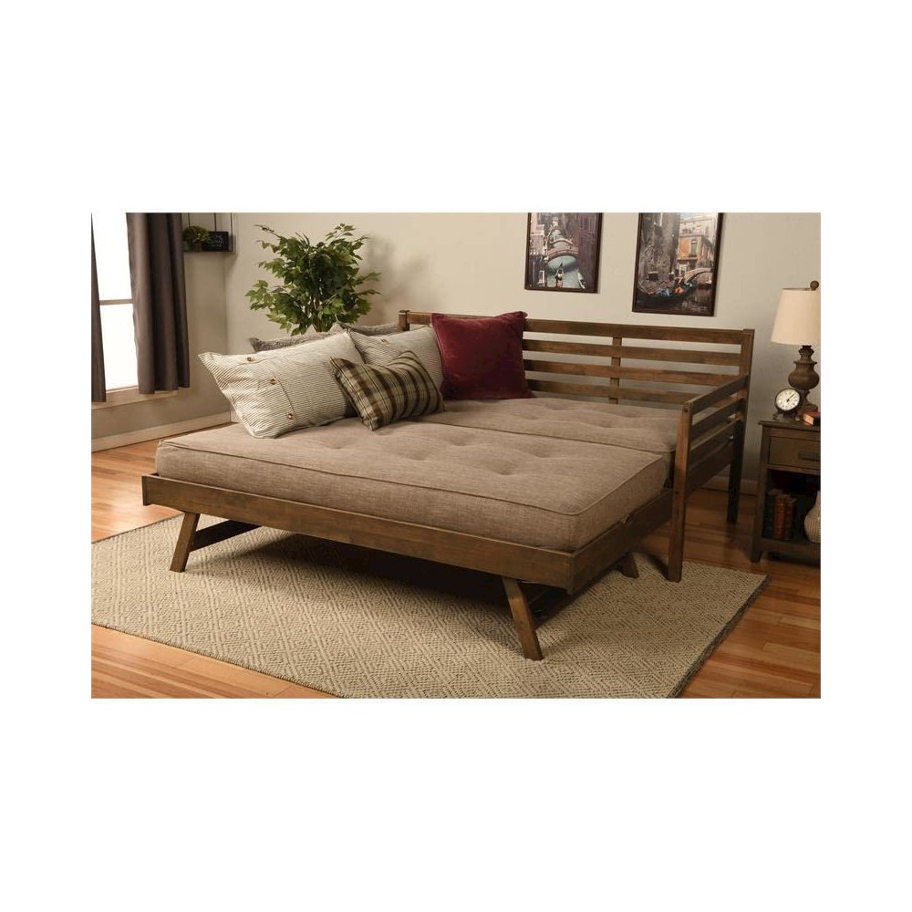 Boho  Daybed-Pop Up-Rustic Walnut Finish Linen Stone Mattresses. Picture 2