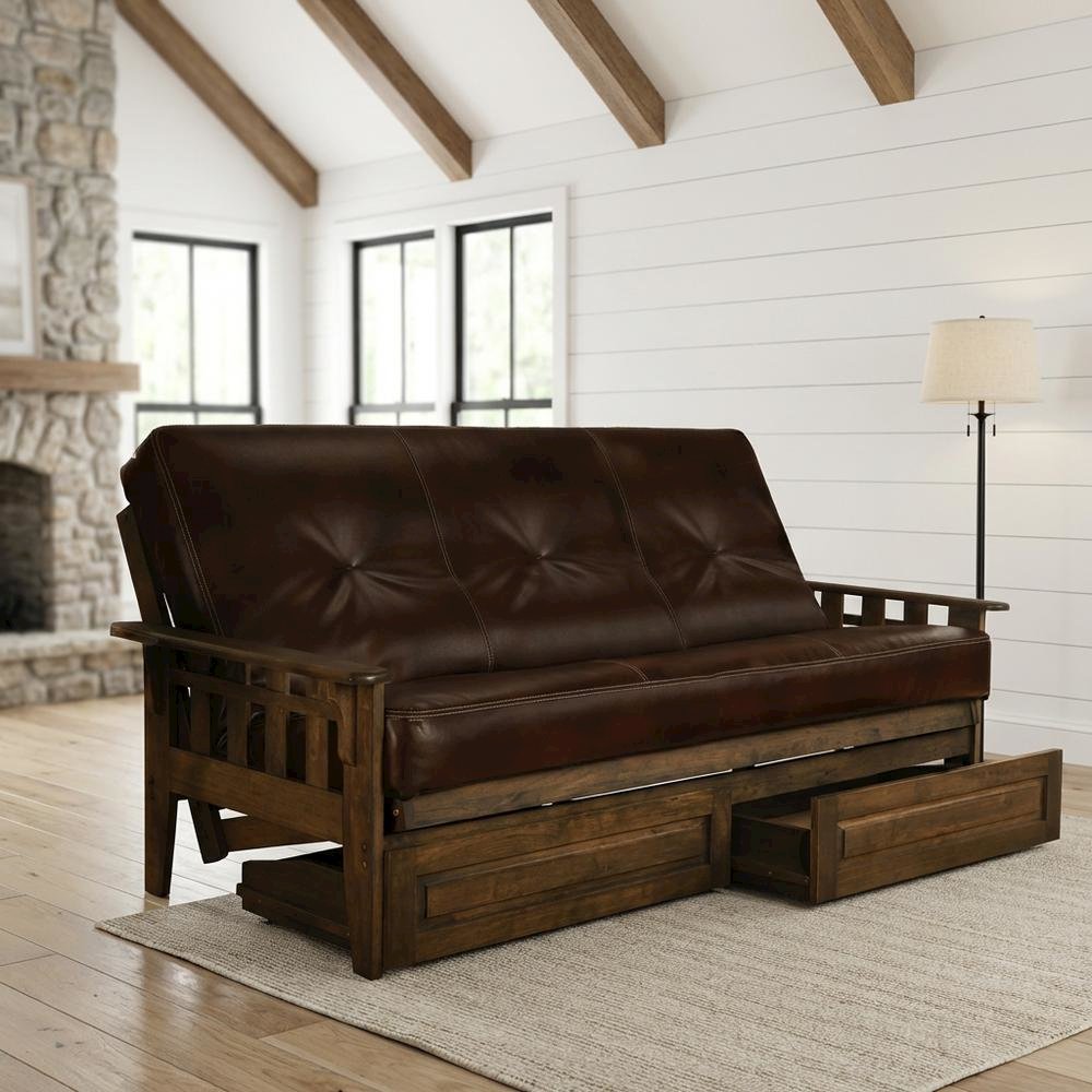 Foldable Fabric Futon with Polyester Leather Blend, Versatile Convertible Design. Picture 2