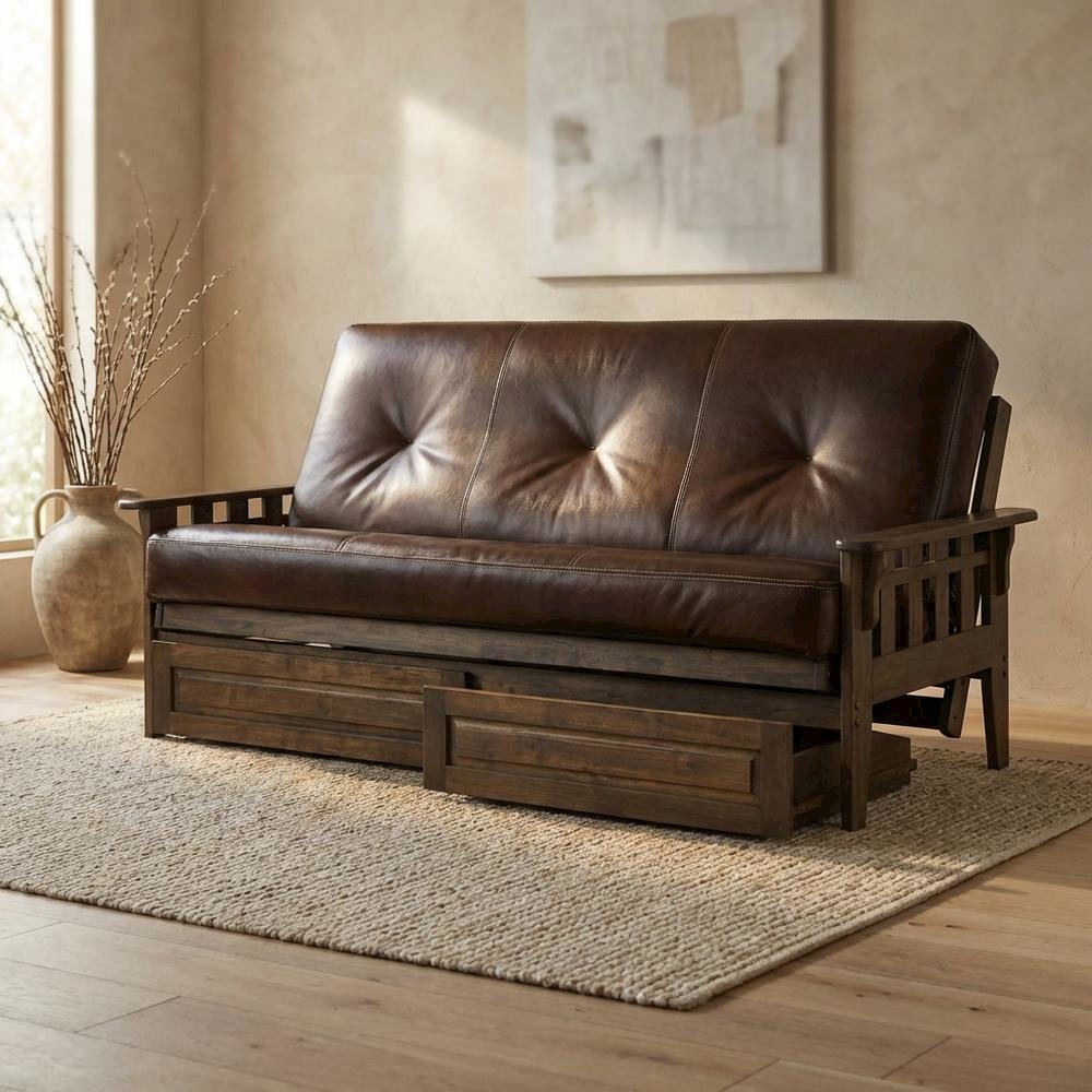 Foldable Fabric Futon with Polyester Leather Blend, Versatile Convertible Design. Picture 3