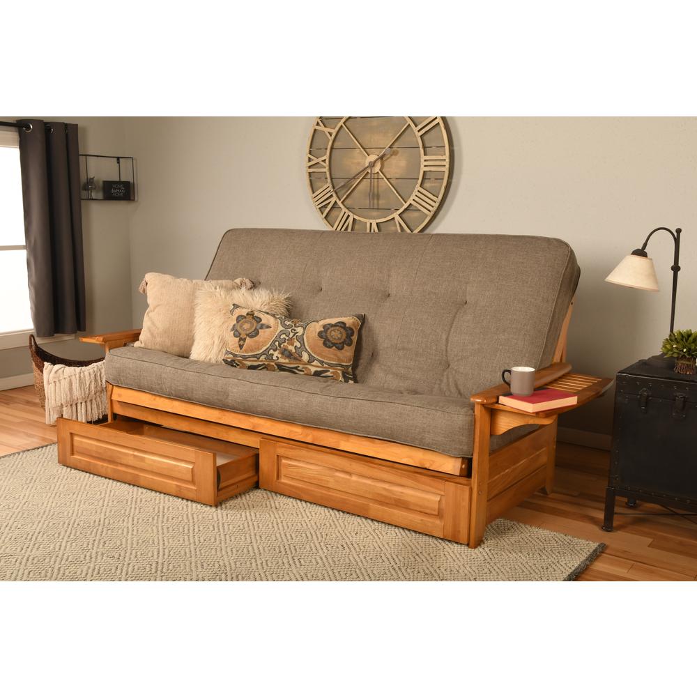 Phoenix Frame Queen-Butternut Finish-Linen Stone Mattress-Storage Drawers. Picture 1