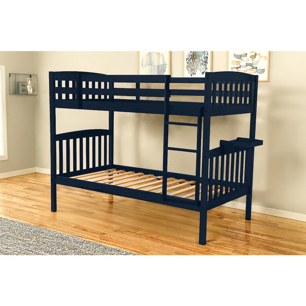 Twin over Twin Bunk Bed with Tray, Twin, Navy Blue (Mattresses Not Included). Picture 3