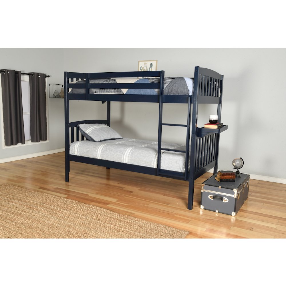 Twin over Twin Bunk Bed with Tray, Twin, Navy Blue (Mattresses Not Included). Picture 2