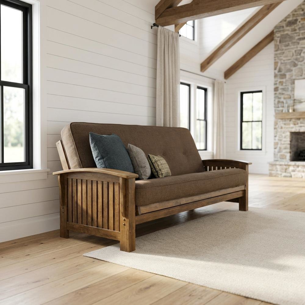 Brown Fabric Futon with Sturdy Frame and Comfortable Mattress. Picture 2
