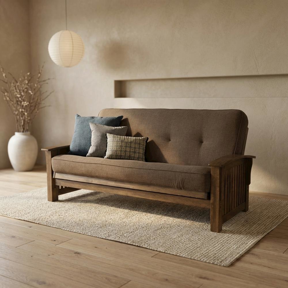 Brown Fabric Futon with Sturdy Frame and Comfortable Mattress. Picture 3