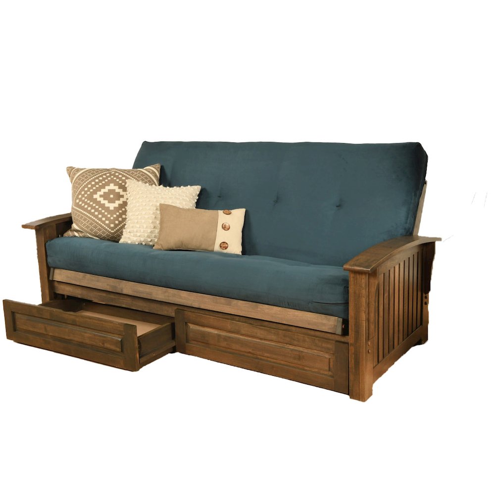 Washington Frame-Rustic Walnut Finish-Suede Navy Mattress-Storage Drawers. Picture 1