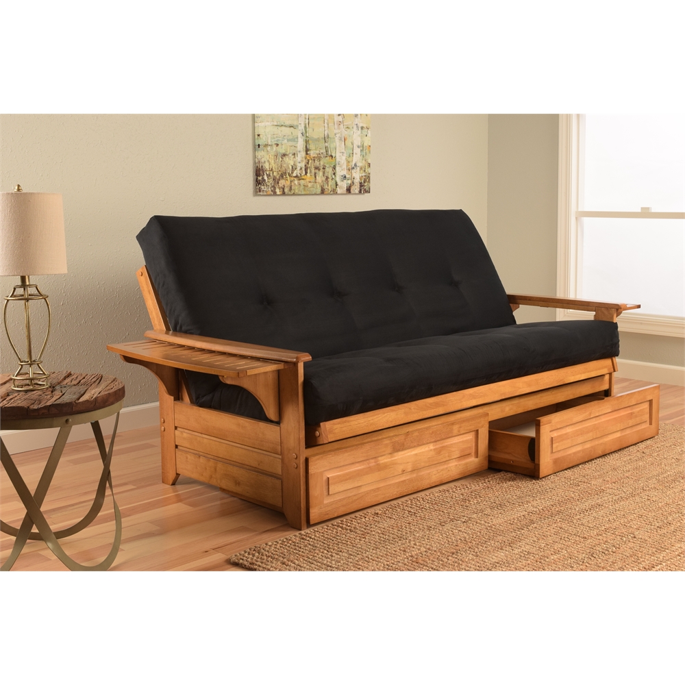 Phoenix Frame-Butternut Finish-Suede Black Mattress-Storage Drawers. Picture 1