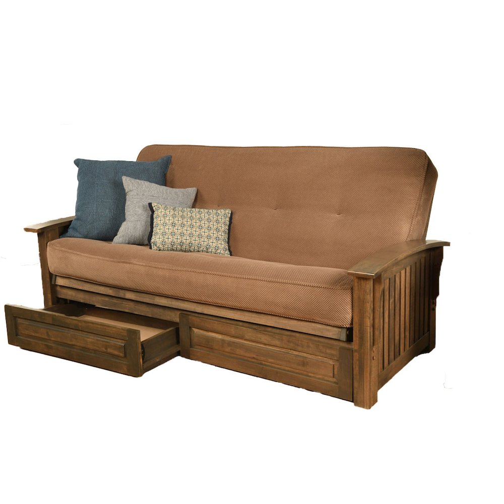 Washington Frame-Rustic Walnut Finish-Marmont Mocha Mattress-Storage Drawers. Picture 1