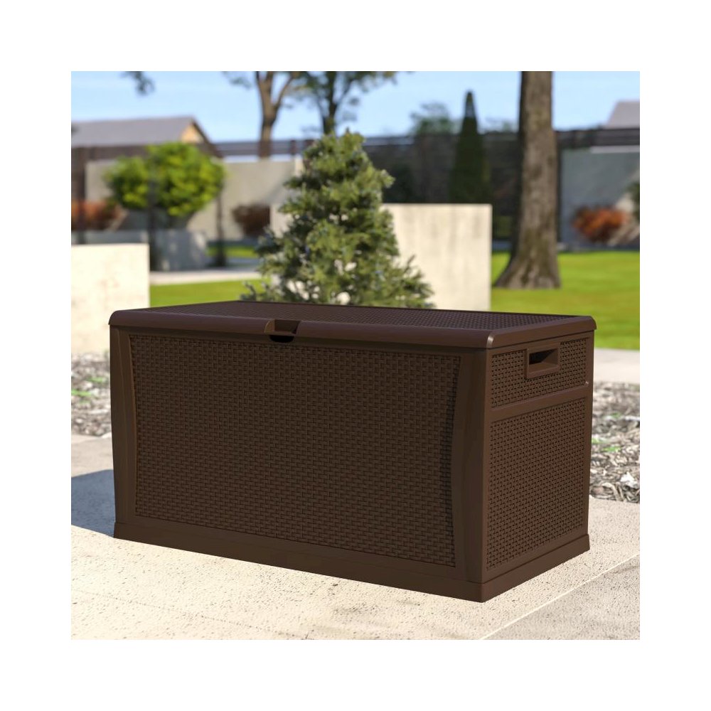 120 Gallon Plastic Deck Box - Outdoor Waterproof Storage Box for Patio Cushions, Garden Tools and Pool Toys, Brown. Picture 2