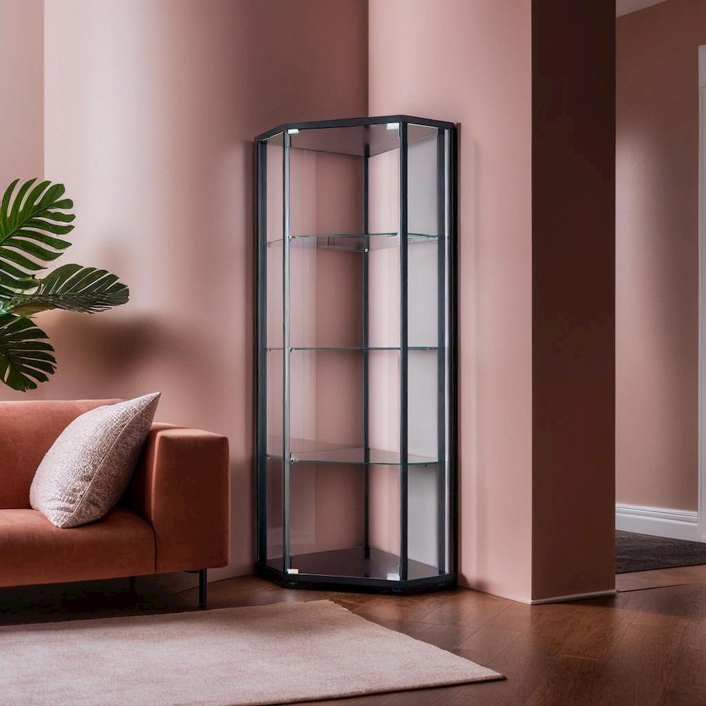 Sophisticated Black Glass Shelf Curio Cabinet with Clear Glass Doors. Picture 4