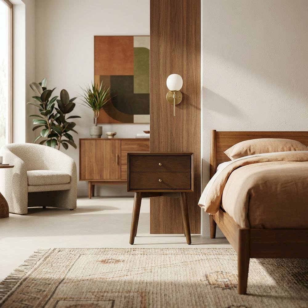 Nightstand in MDF and Solid Poplar Wood with Veneer Finish for Bedroom Storage. Picture 3