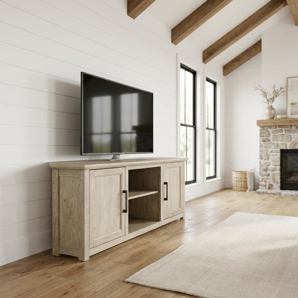 Corner TV stand for 65+ inch TVs in classic wood finish with ample storage space. Picture 2