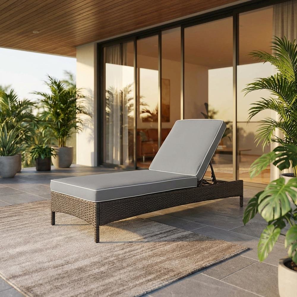 Gray/Brown Outdoor Wicker Chaise Lounge with Weather-Resistant Frame. Picture 2