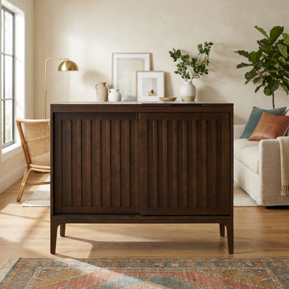 Brown Large Record Player Cabinet with Vinyl Storage Shelves. Picture 2