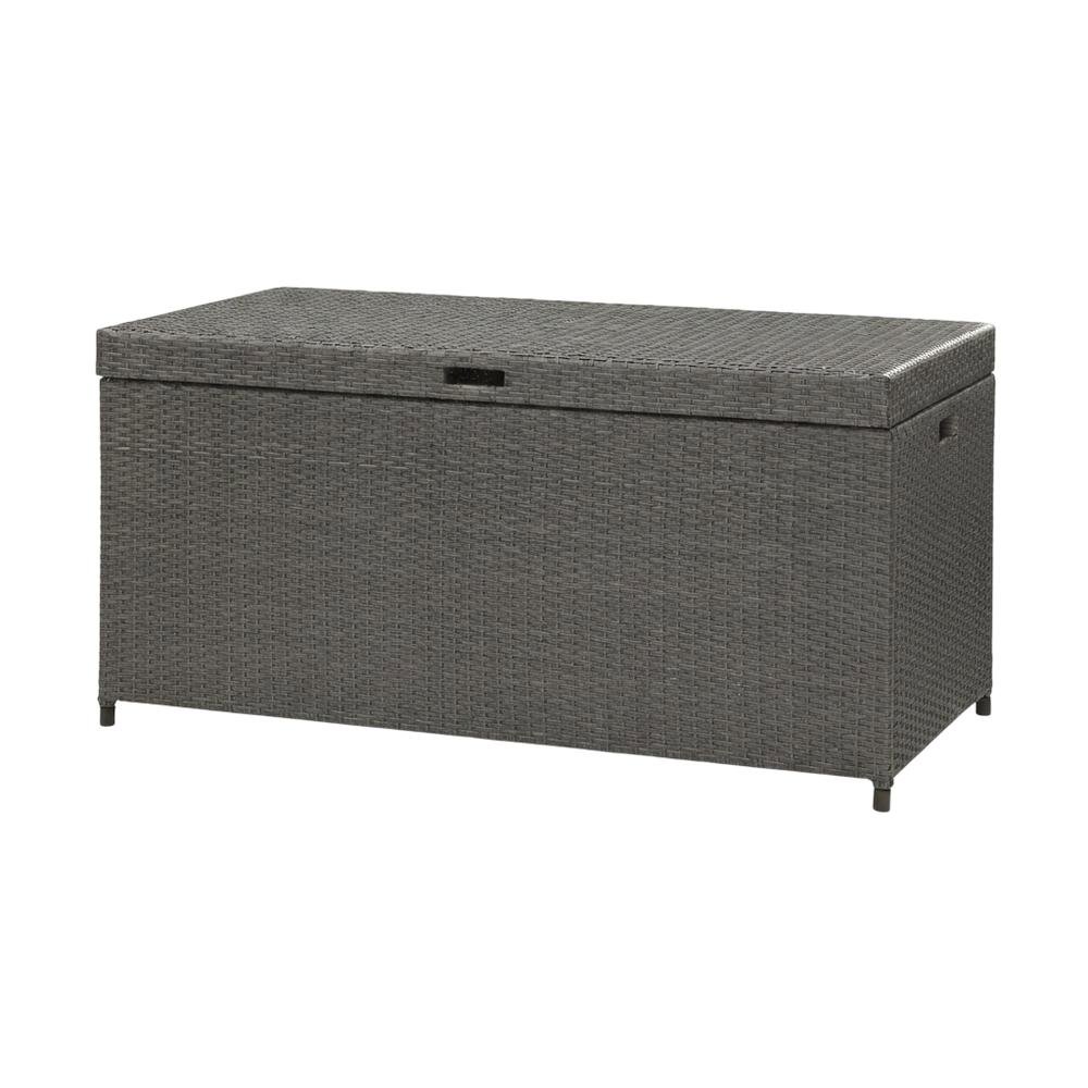 Weathered Gray Wicker Storage Bin for Outdoor Use with Anti-Tip Hardware. Picture 1