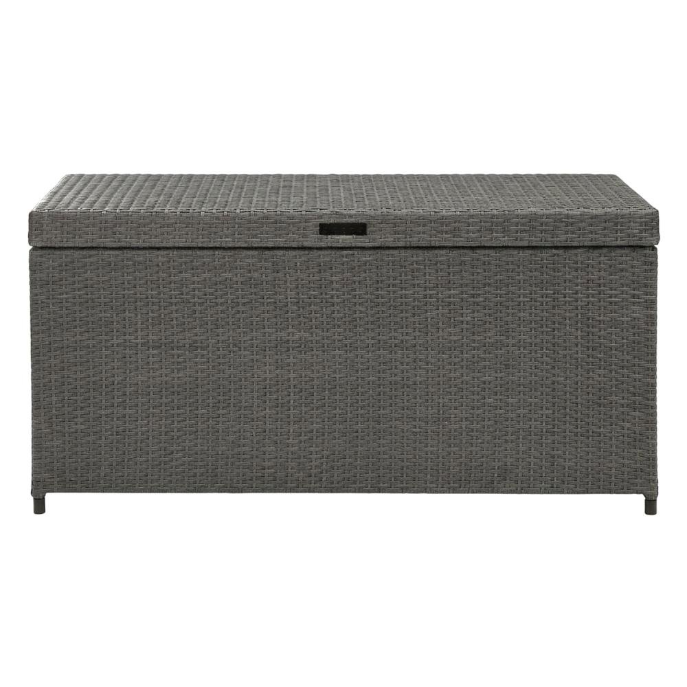 Weathered Gray Wicker Storage Bin for Outdoor Use with Anti-Tip Hardware. Picture 4
