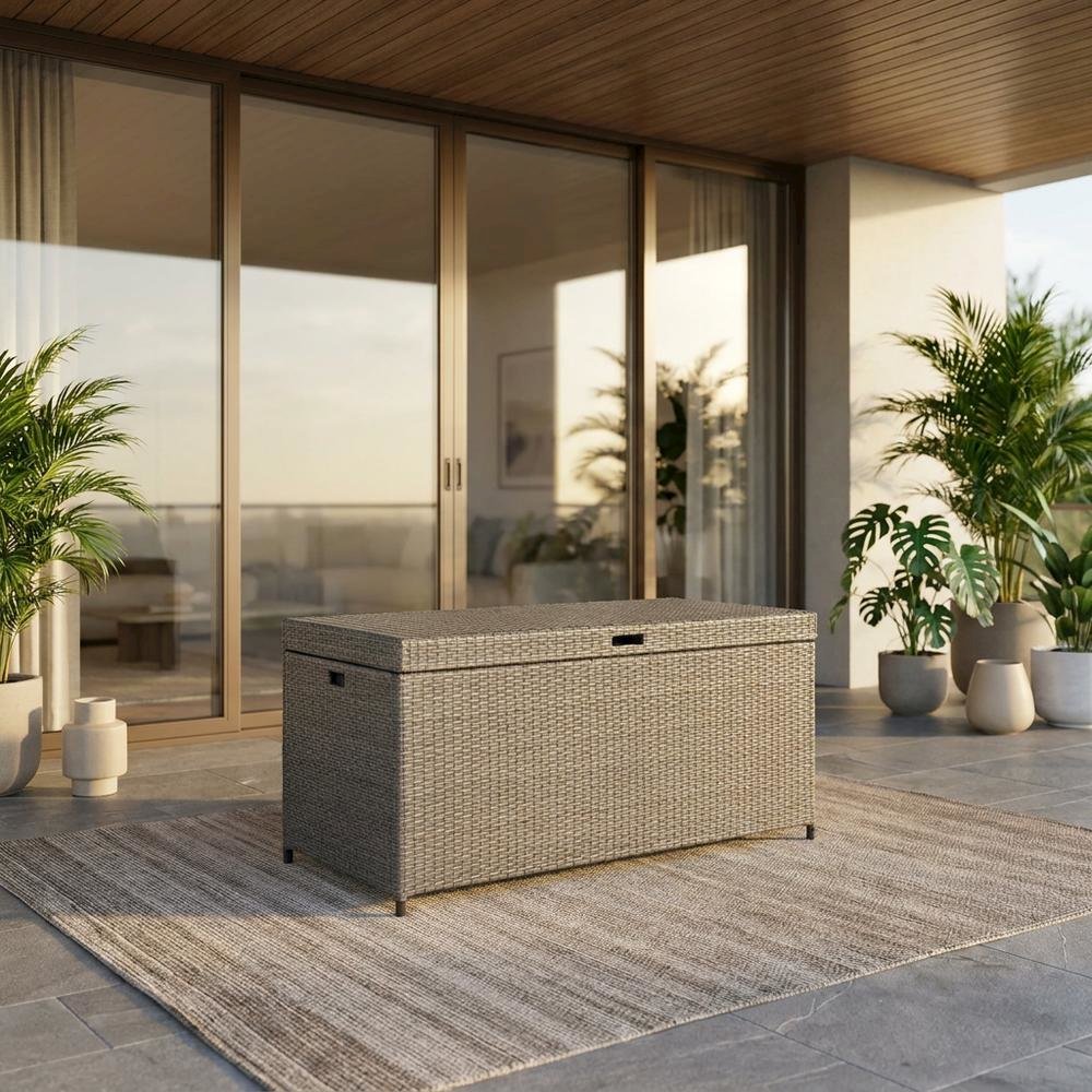 Weathered Gray Wicker Storage Bin for Outdoor Use with Anti-Tip Hardware. Picture 3
