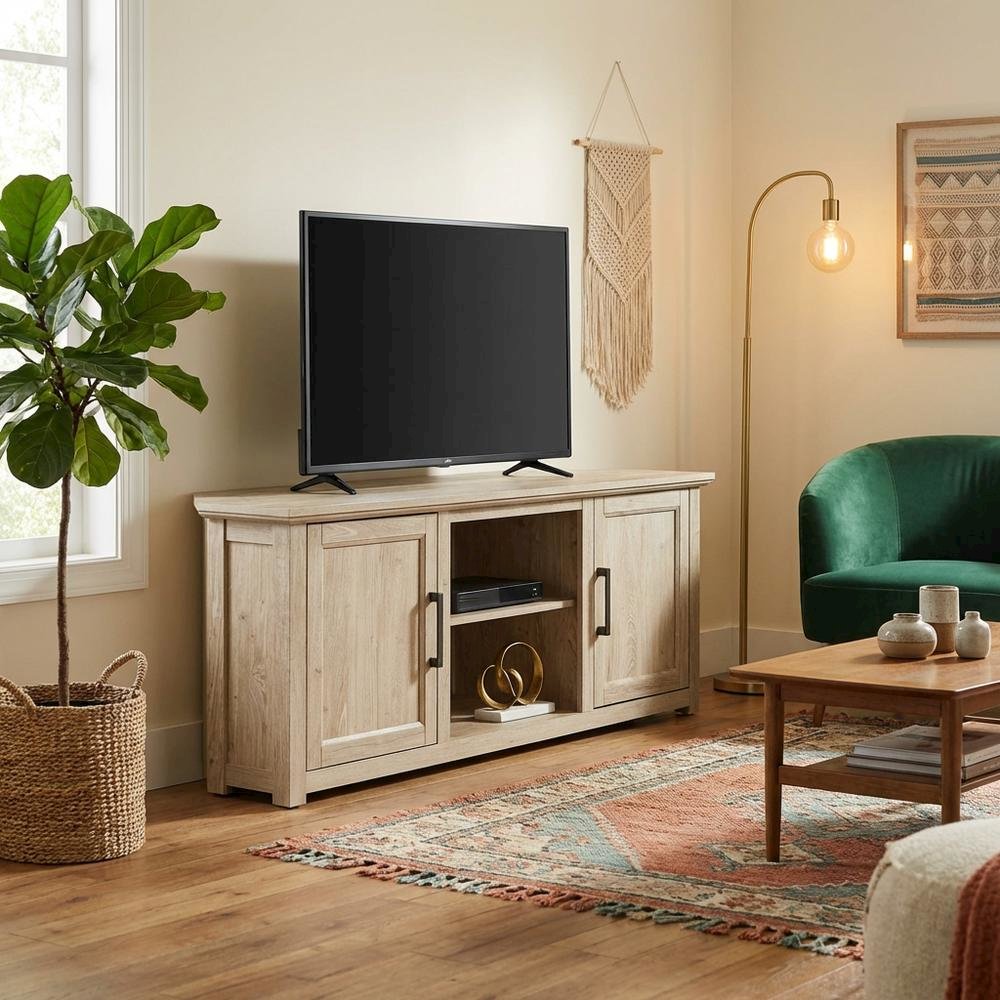 Corner TV stand for 65+ inch TVs in classic wood finish with ample storage space. Picture 3