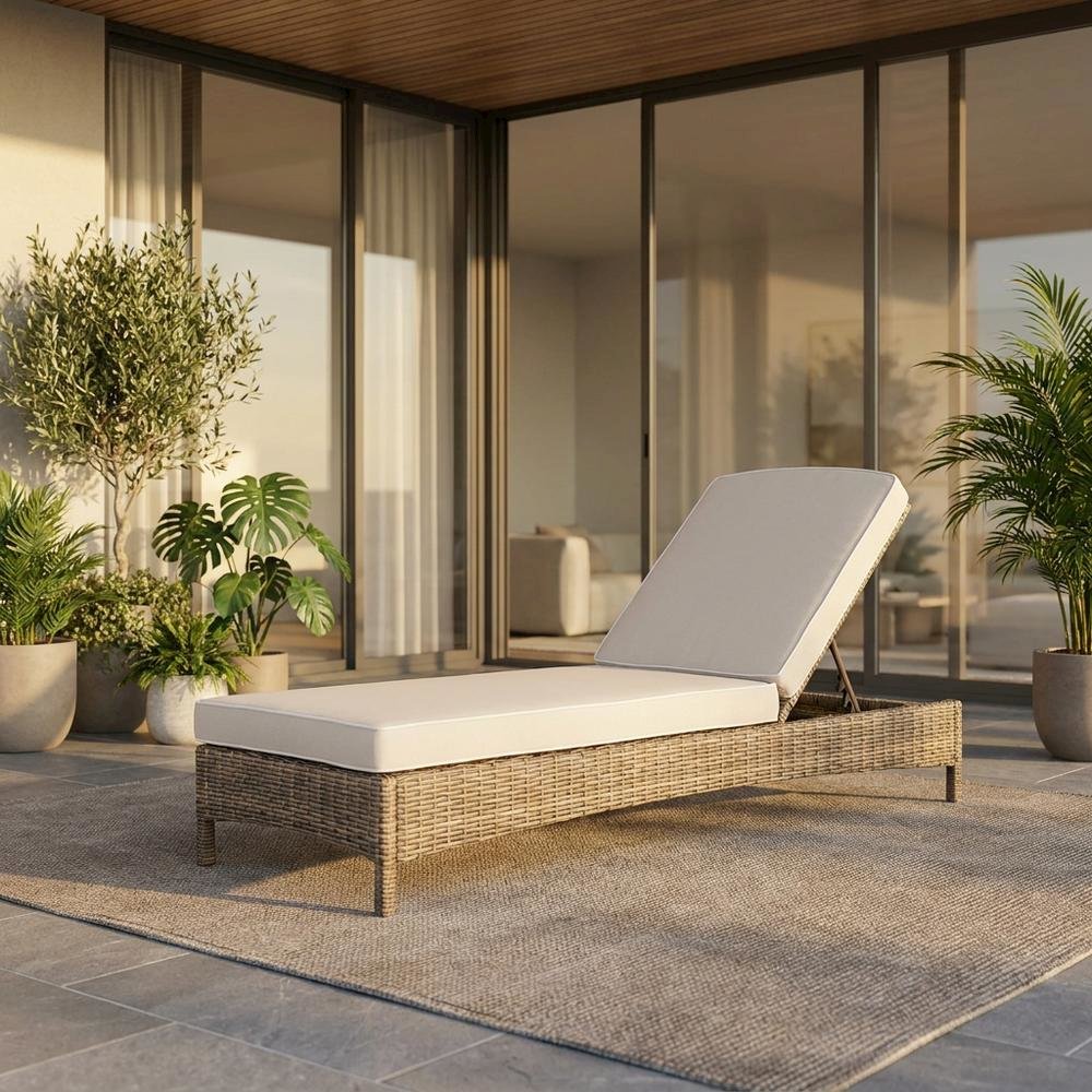 Sand-colored outdoor wicker chaise lounge with cushioned seat. Picture 2
