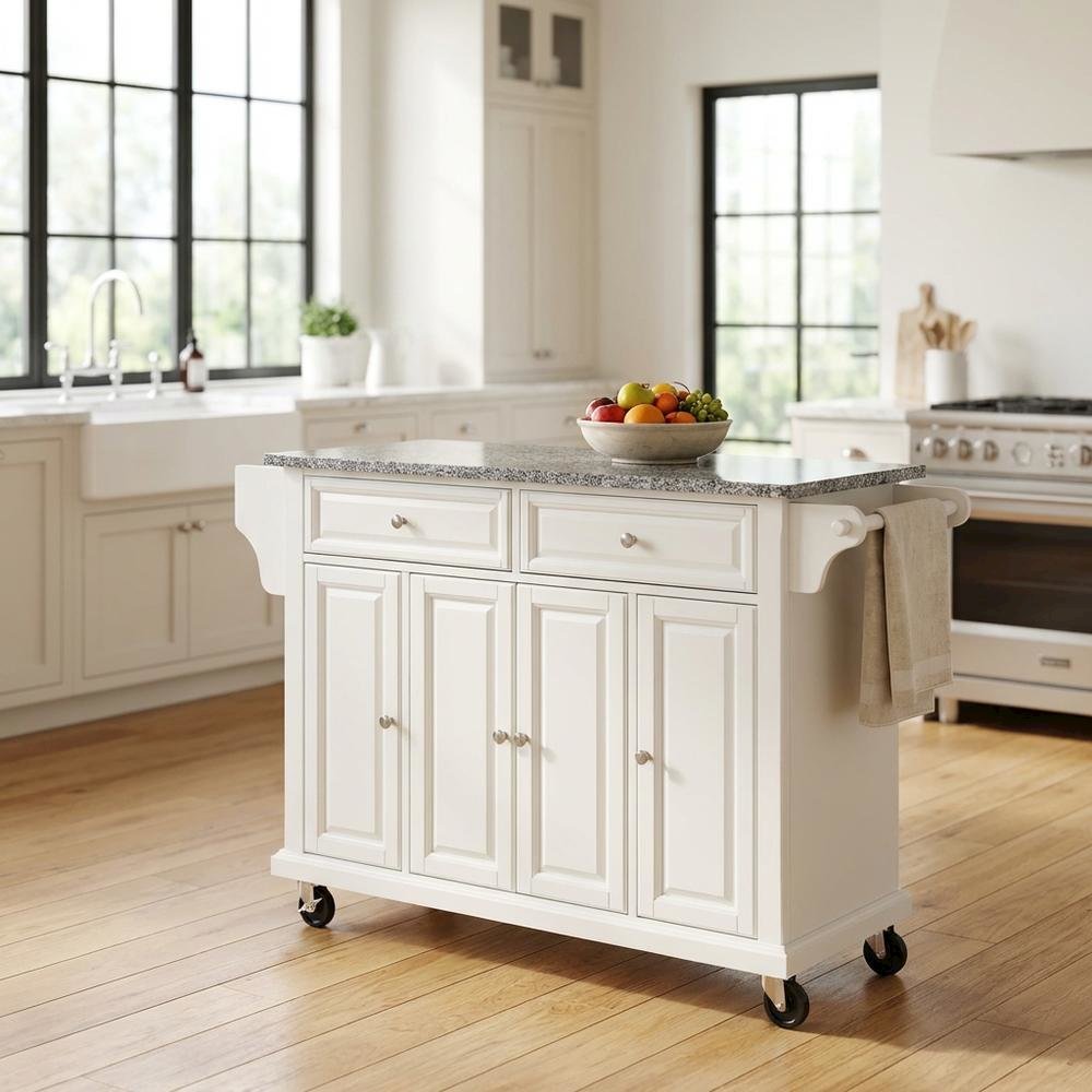 White and Gray Kitchen Cart with Granite Top and Storage Space. Picture 3