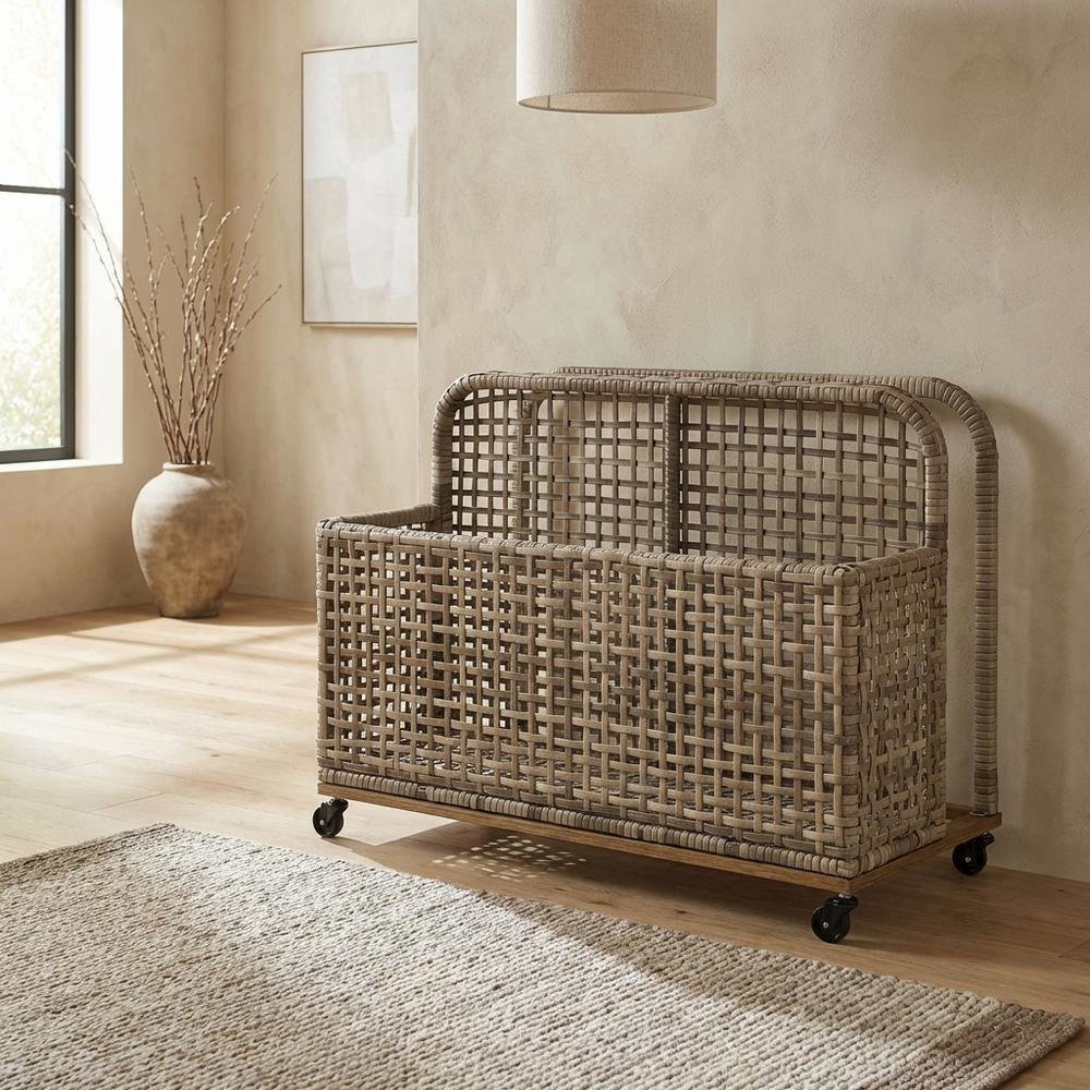 Distressed Gray Outdoor Pool Storage Caddy, Steel Wicker, 43 Inch Wide. Picture 2