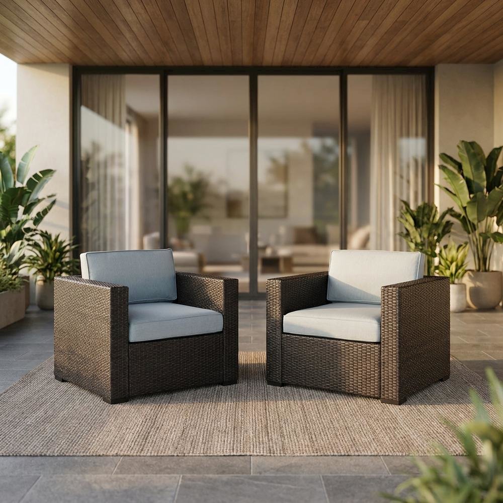 Outdoor Wicker Chair Set in Mist/Brown with Armrests and Durable Frame. Picture 3