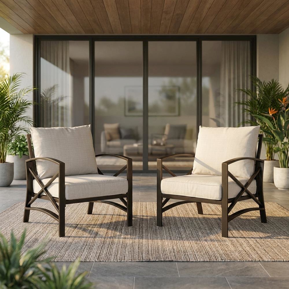 Oatmeal Outdoor Chair Set with Bronze Finish – 2 Weather-Resistant Seats. Picture 3