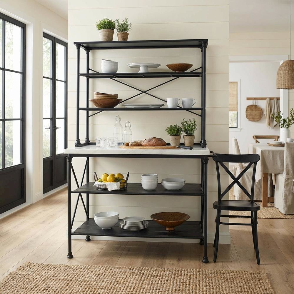 Matte Black Kitchen Island and Hutch Set with Anti-Tip Safety Features. Picture 2
