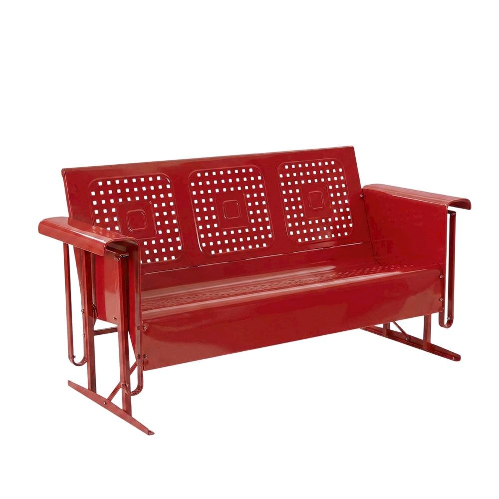 Red outdoor sofa glider with sturdy frame and comfortable seating for three. Picture 1