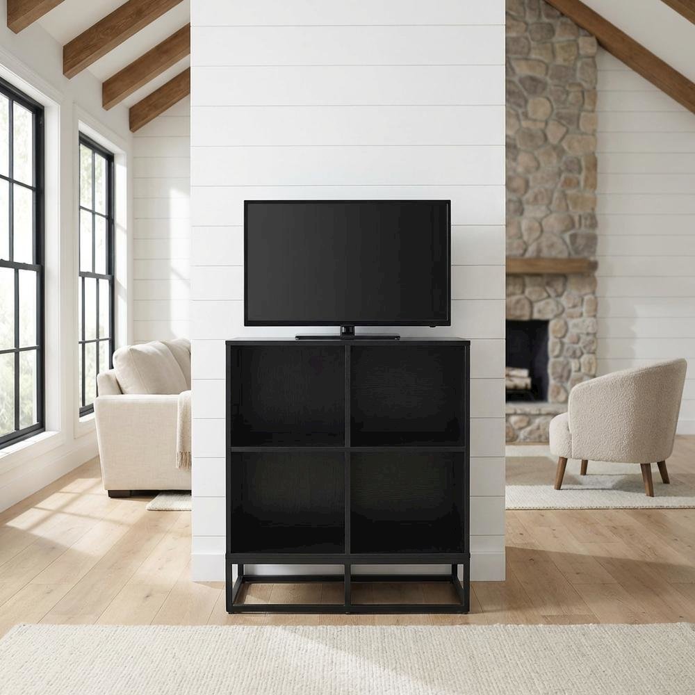 Dark Wood Finish 4-Cube Record Player Stand with Vinyl Storage. Picture 2