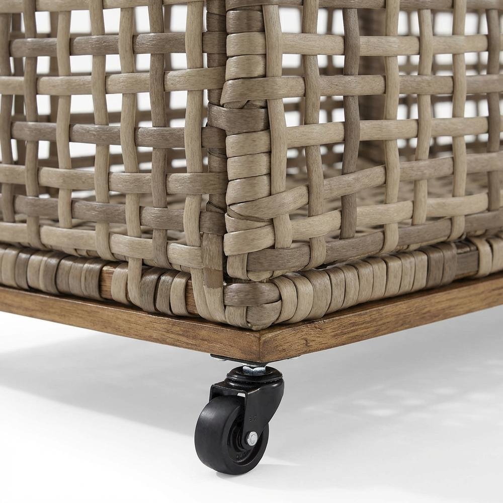 Distressed Gray Outdoor Pool Storage Caddy, Steel Wicker, 43 Inch Wide. Picture 5