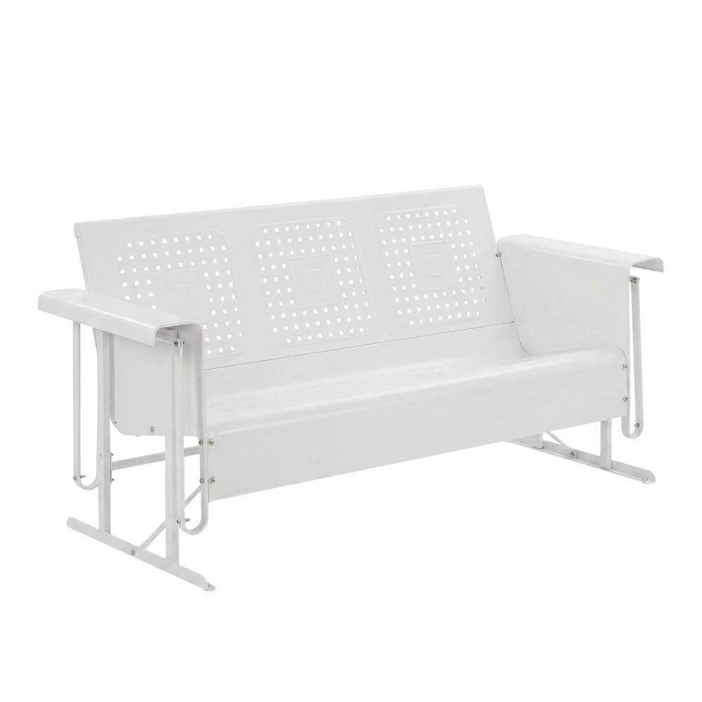 White outdoor sofa glider with anti-tip hardware and 3-seat capacity. Picture 1