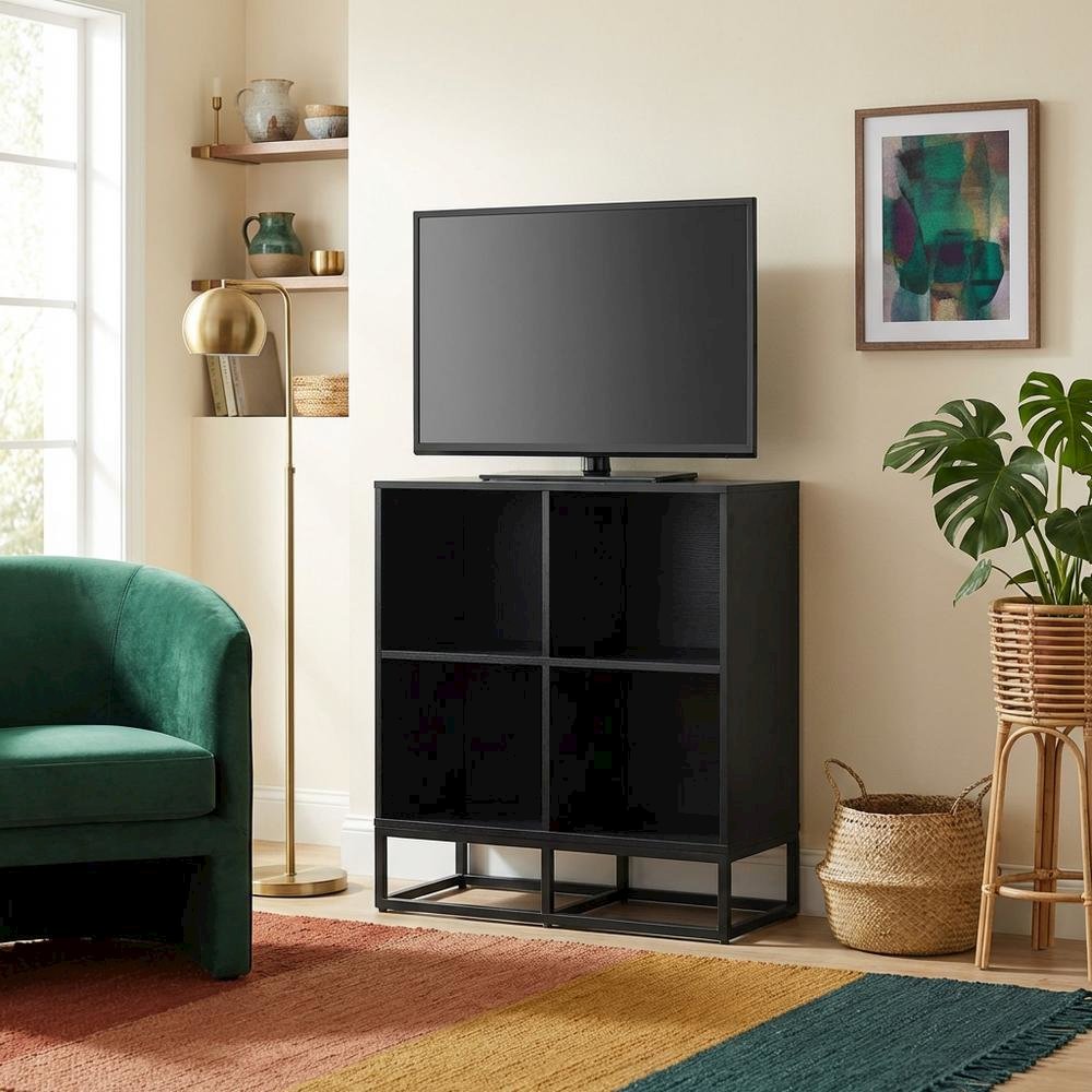 Dark Wood Finish 4-Cube Record Player Stand with Vinyl Storage. Picture 3