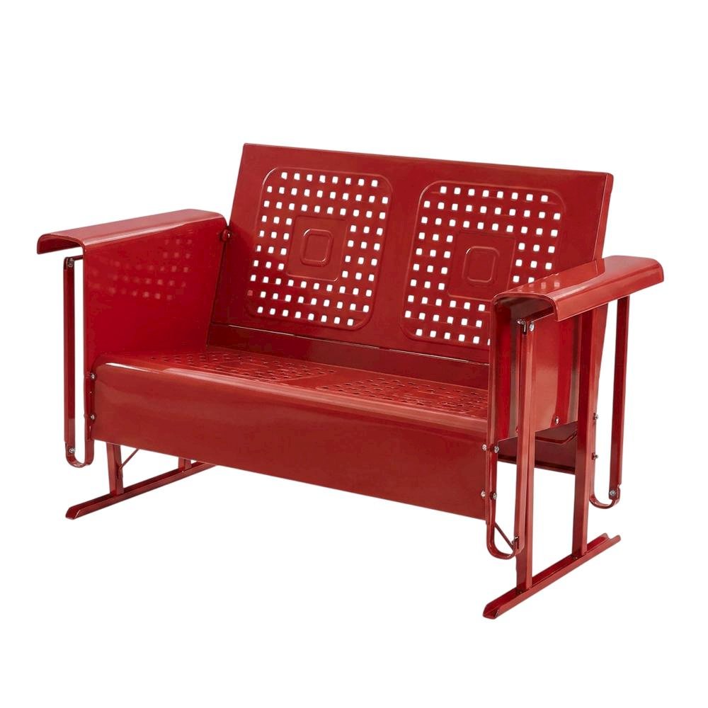 Red outdoor loveseat glider with anti-tip mechanism and comfortable seating. Picture 1