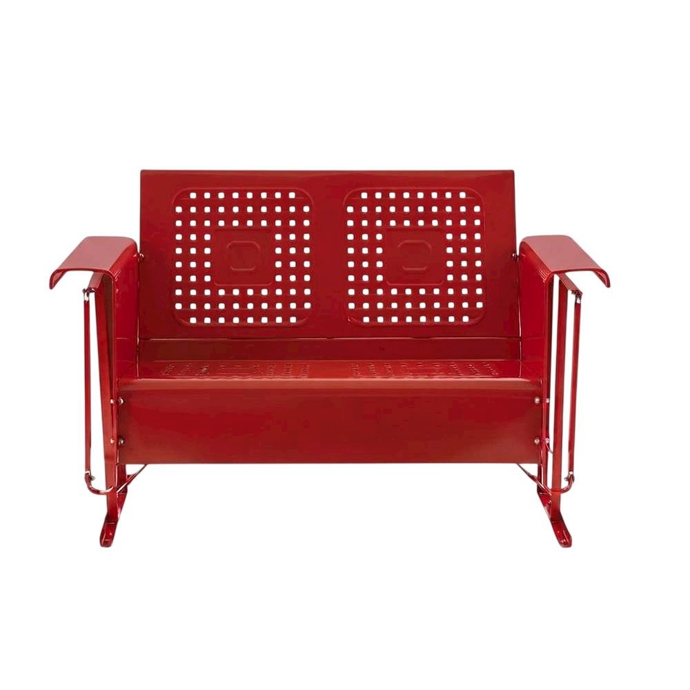Red outdoor loveseat glider with anti-tip mechanism and comfortable seating. Picture 4