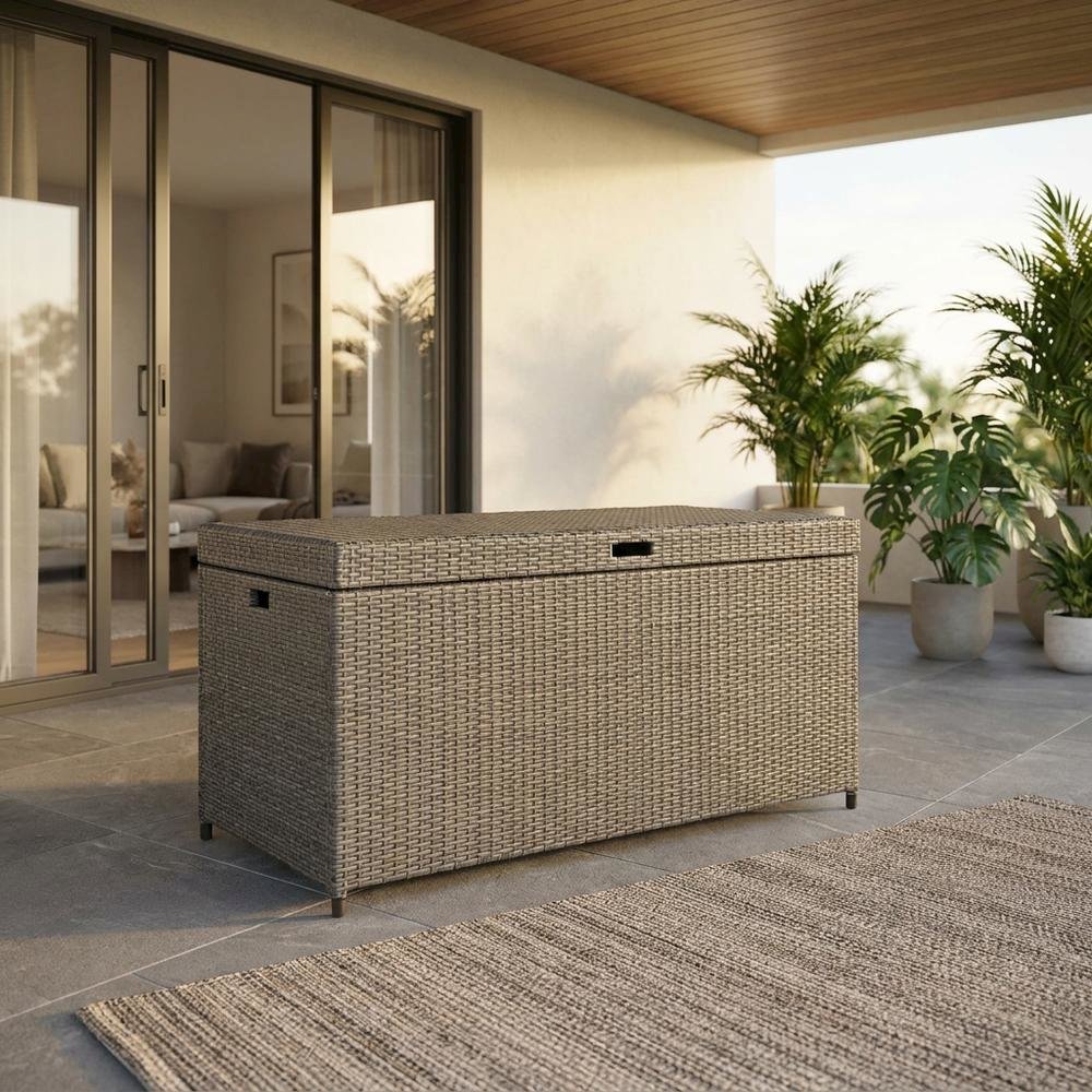 Weathered Gray Wicker Storage Bin for Outdoor Use with Anti-Tip Hardware. Picture 2