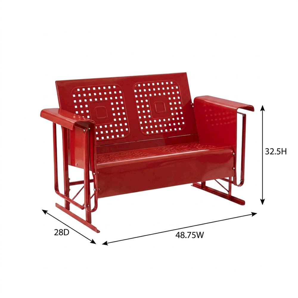 Red outdoor loveseat glider with anti-tip mechanism and comfortable seating. Picture 7